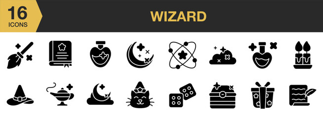 Wizard Glyph icon set. Includes Moon, magic book, magic spell, candle, magic hat, and More. Solid icons vector collection.