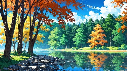 Wall Mural - lake with surrounding trees autumn background design cartoon anime illustration