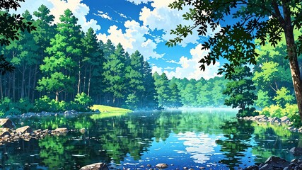 Poster - lake with surrounding trees background design cartoon anime illustration