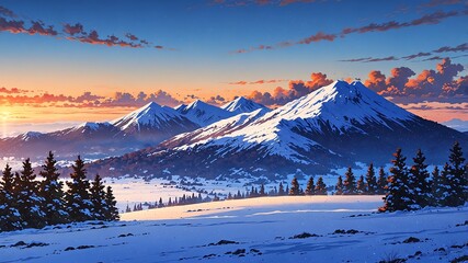 Wall Mural - mountains with snowy slopes sunset background design cartoon anime illustration