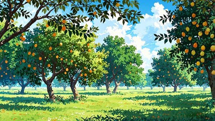 Canvas Print - orchard with ripe pear fruits background design cartoon anime illustration