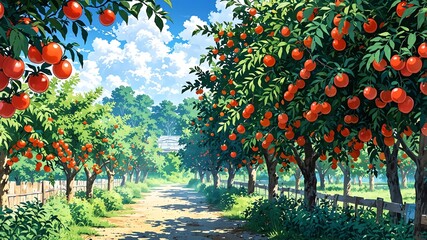 Canvas Print - orchard with ripe tomato background design cartoon anime illustration