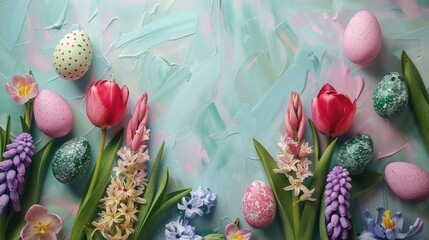 Poster - Top down view of Easter themed floral background with eggs tulips hyacinths on painted surface