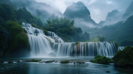 Poster - Serene Waterfall in Misty Mountains