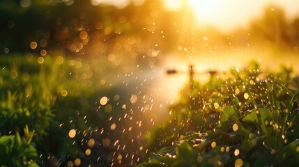 Poster - Automatic sprinkler system watering garden at sunset copy space