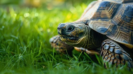 Poster - Close-up of a Tortoise in Green Grass