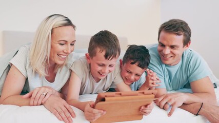 Canvas Print - Kids, parents and tablet on bed for funny video, online games and relax together with home education or meme. Excited family, mother and father with children laughing on digital technology in bedroom