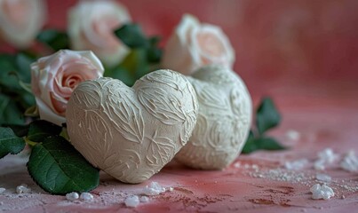 Poster - Two white hearts with floral designs and roses. AI.