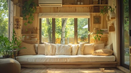 Wall Mural - Cozy corner with a window seat and plants. AI.