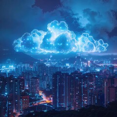 Canvas Print - A digital cloud hovers above a city at night. AI.