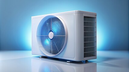 Solo modern white air conditioning unit stands isolated on a clean background, emitting refreshing blue air currents in a circular motion.