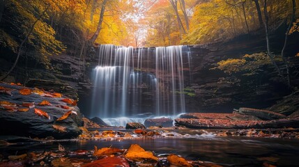 Sticker - Serene Waterfall in Autumn Foliage