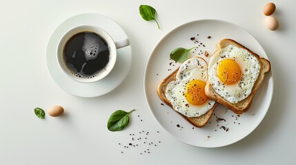 Wall Mural - Flat lay of a minimalist breakfast setup with toast, eggs, and coffee on a white background, highly detailed photograph