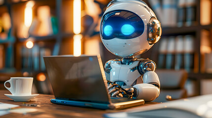 Poster - cute white artificial intelligence robot with a Laptop in the office room, office robot, working robot