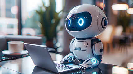 Poster - cute white artificial intelligence robot with a Laptop in the office room, office robot, working robot