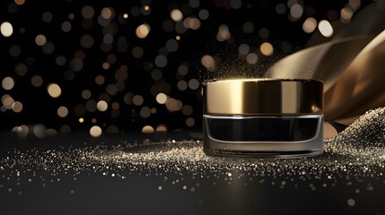 A luxury cosmetic cream jar resting on a shimmering glitter surface with a blurred background of gold bokeh lights