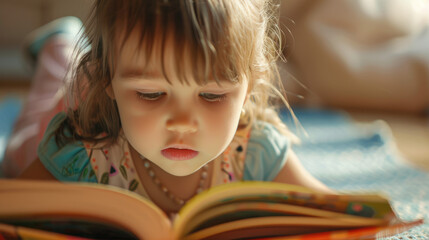 Poster - A close-up of an adorable toddler reading, with the focus on their face and hands as they read from a colorful picture book.