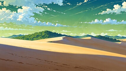 desert with towering dunes green sky background design cartoon anime illustration