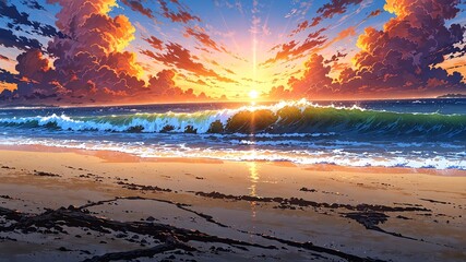 Wall Mural - beach with crashing waves sunset background design cartoon anime illustration