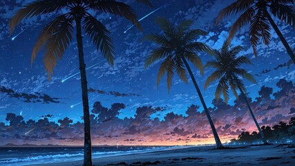 Wall Mural - beach with tall palm trees night background design cartoon anime illustration