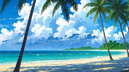 Wall Mural - beach with tall palm trees background design cartoon anime illustration