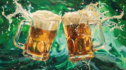 Wall Mural - energetic painting of two mugs clinking together, cold beer splashing out, against a background of vibrant, large green strokes, echoing the bold and dynamic style of contemporary street art