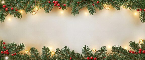 Seamless decorative christmas border with coniferous branches and garlands of christmas lights