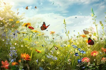 Wall Mural - Beautiful colorful wildflowers and butterflies in a sunny meadow.