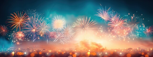 Poster - Fireworks creating dynamic shapes above a bustling market, fireworks, market celebration