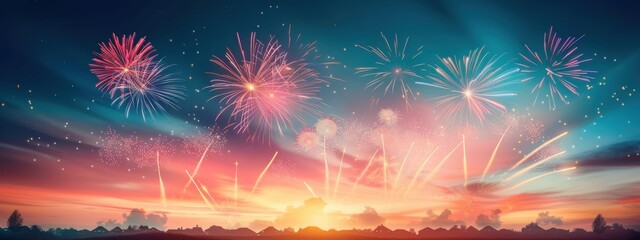 Poster - Fireworks illuminating a quiet suburban neighborhood, fireworks, community celebration