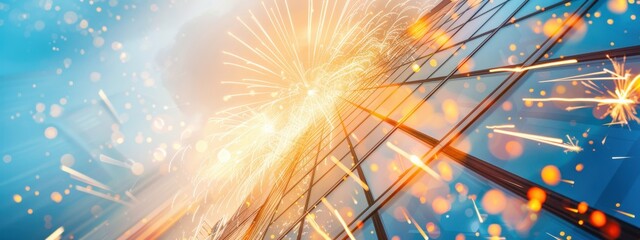 Poster - Fireworks reflecting in a modern glass building, fireworks, architecture