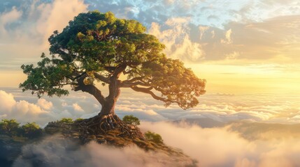 A majestic tree stands on a hill, its vibrant leaves and numerous branches creating a stunning silhouette against the clear blue sky.