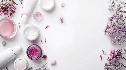 Cosmetic products on white background from above with space for text