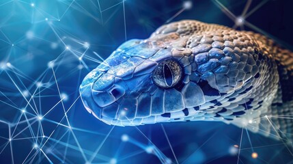 Poster - The close-up view of a snake's eye, illuminated by a network of blue digital light