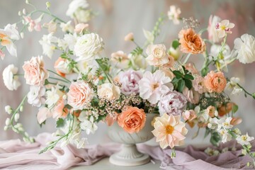 Poster - Peach fruits and peach flowers artistically arranged on a table, Elegant floral arrangements in soft pastel colors