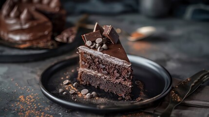 A rich chocolate cake slice with creamy layers sits on a white plate, the perfect sweet treat for dessert lovers.