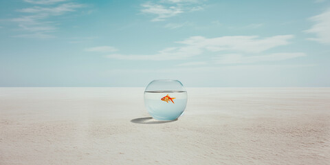 a crystal-clear fishbowl with a single goldfish stands in the center of a vast, sandy beach, with a light blue sky