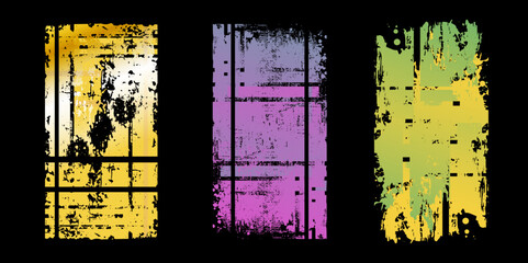 Set of colorful grunge overlay texture frame with brush stroke and torn or rip paper dust effect. Distressed Backdrop Vector Illustration. Isolated Black. Old damage Dirty grainy and scratches.