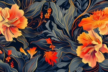 Poster - Dark background with elegant floral pattern of bright orange flowers, Elegant floral patterns and designs