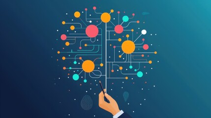 Poster - Logical mapping, person creating a mind map, flat design illustration
