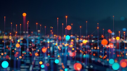 Poster - Abstract Digital Skyscraper Cityscape with Illuminated Lines and Bokeh Lights.