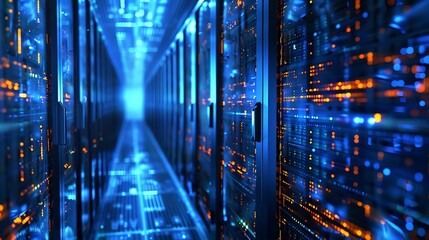 Poster - futuristic server data center interior room with glowing blue lights for digital network technology 