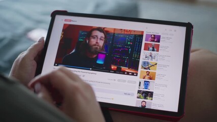 Poster - close up of caucasian woman watching video of blogger about investment or cryptocurrency trading usi