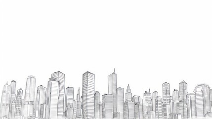 A simple pencil sketch of a city skyline, featuring tall buildings and architectural details, drawn in a doodle-like style on a white background.