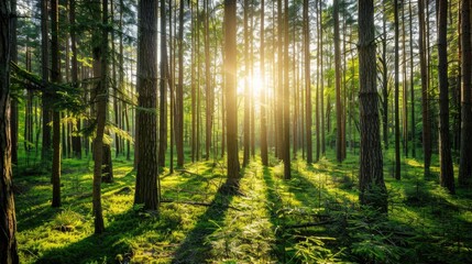  Sunlight filtering through the forest trees, highlighting terrestrial plants, wood, and grass. Peaceful natural scenery