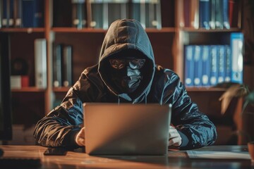 Poster - a man wearing a hoodie is seated at a desk, focused on his laptop screen, email security warning, be