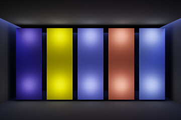 Fototapete - 3D illustration of a layout of multi-colored screens in a black room. Design, illustration for web banner, web and mobile, infographics. Application presentation concept