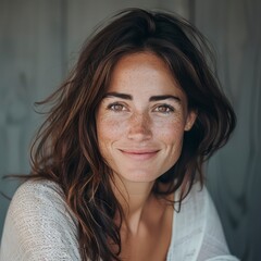 A woman with brunette hair and brown eyes smiles warmly, showcasing her natural beauty in a close-up portrait with a cheerful expression.