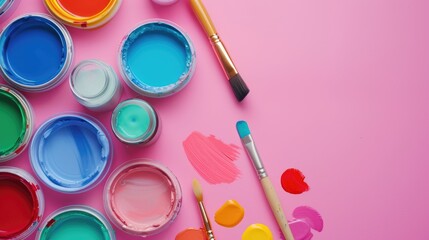 Wall Mural - Top view of artist s table with paintbrush and paint jar on pink backdrop Ample space for copy Back to school theme