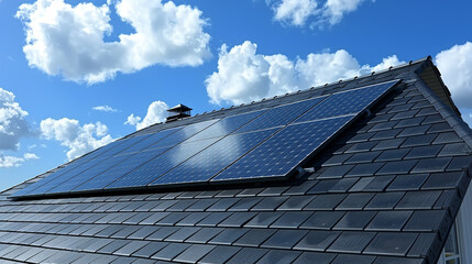 solar panels installed on a tile roof, showcasing their sleek design and integration into residential architecture, emphasizing modern sustainability and energy efficiency